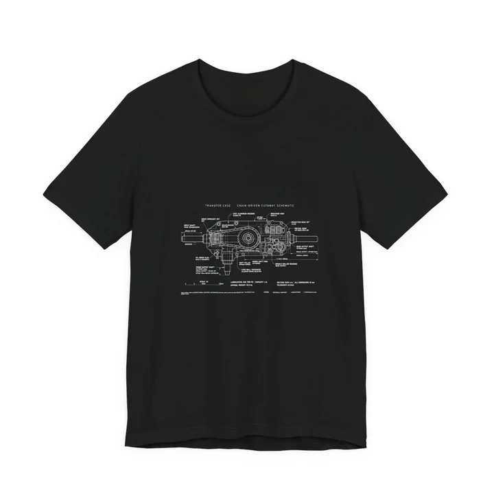 Transfer Case Schematic Tee mockup: the print on a black Bella+Canvas 3001 tee
