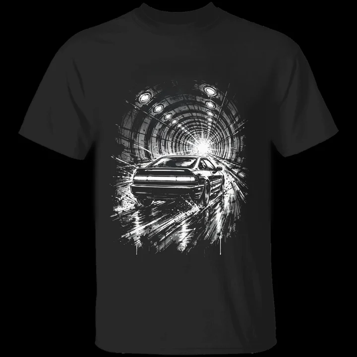 Tunnel Echo Tee mockup: the print on a black Gildan G500 tee