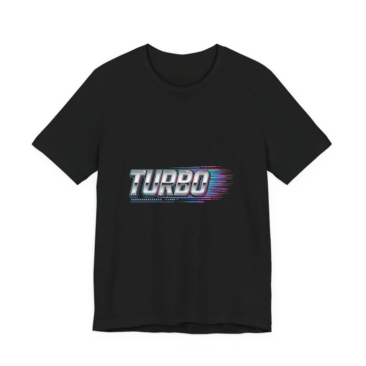 Turbo Chrome Tee mockup: the print on a black Bella+Canvas 3001 tee