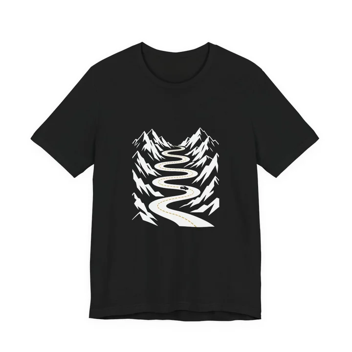 Two-Way Mountain Road Tee mockup: the print on a black Bella+Canvas 3001 tee