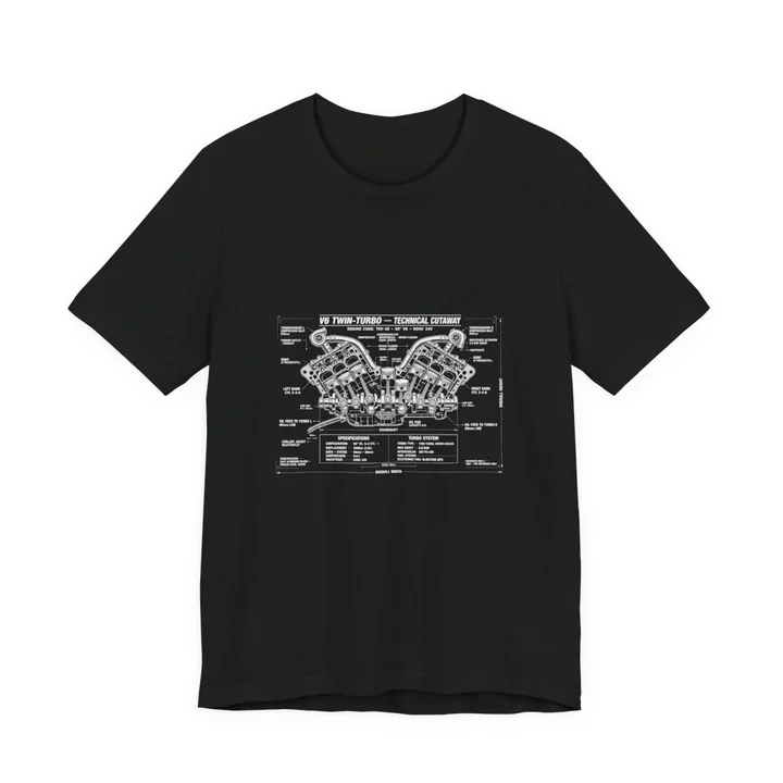 V6 Twin-Turbo Diagram Tee mockup: the print on a black Bella+Canvas 3001 tee