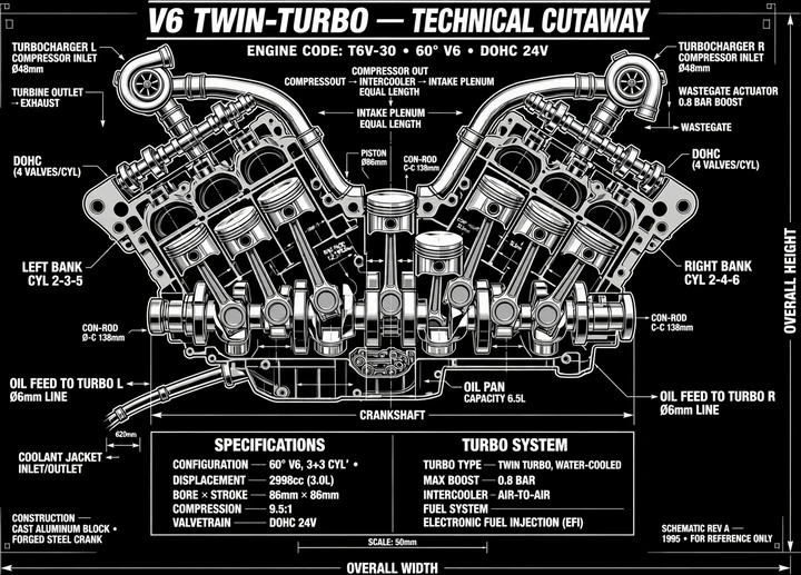 V6 Twin-Turbo Diagram Tee print artwork