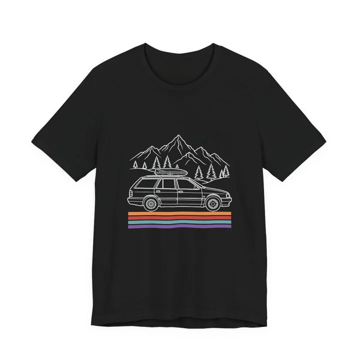 Wagon Life Tee mockup: the print on a black Bella+Canvas 3001 tee
