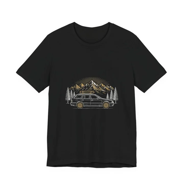Wagon Profile Alpine Tee mockup: the print on a black Bella+Canvas 3001 tee