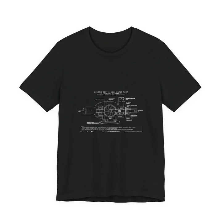 Water Pump Impeller Diagram Tee mockup: the print on a black Bella+Canvas 3001 tee