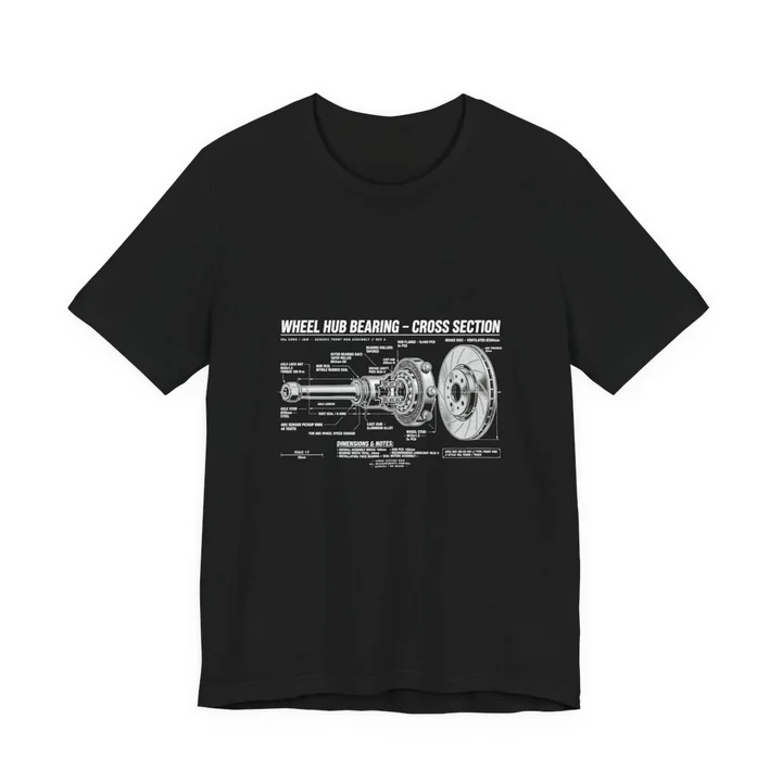 Wheel Hub Bearing Cross-Section Tee mockup: the print on a black Bella+Canvas 3001 tee